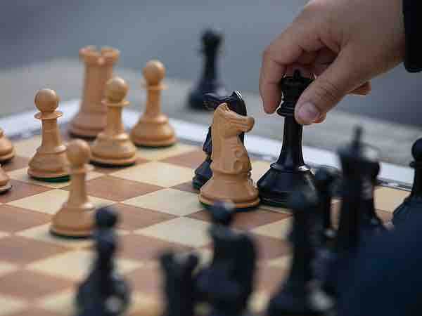 An overhead view of a chessboard